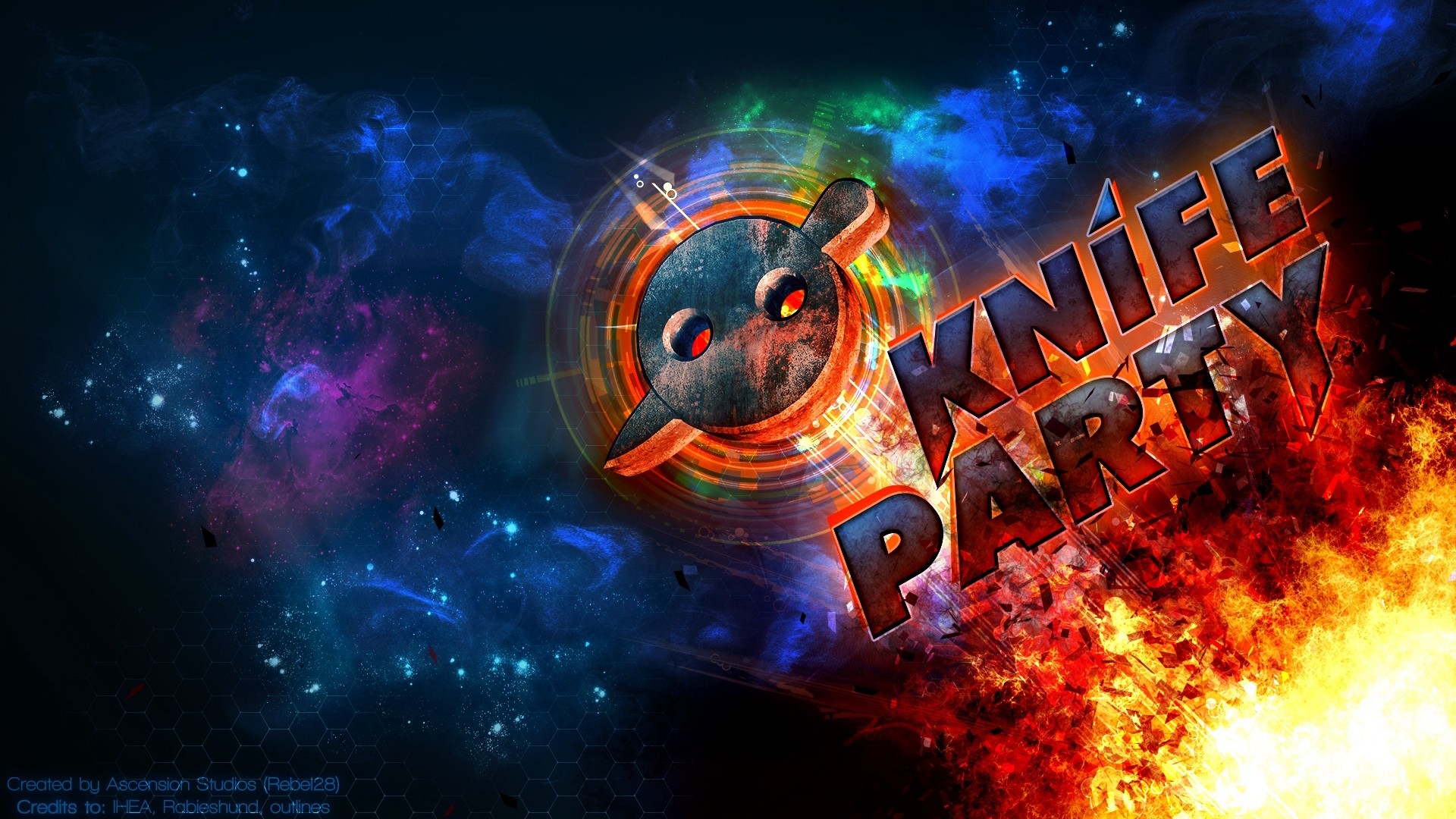 1920x1080  Wallpaper knife party, fire, graphics, font, space