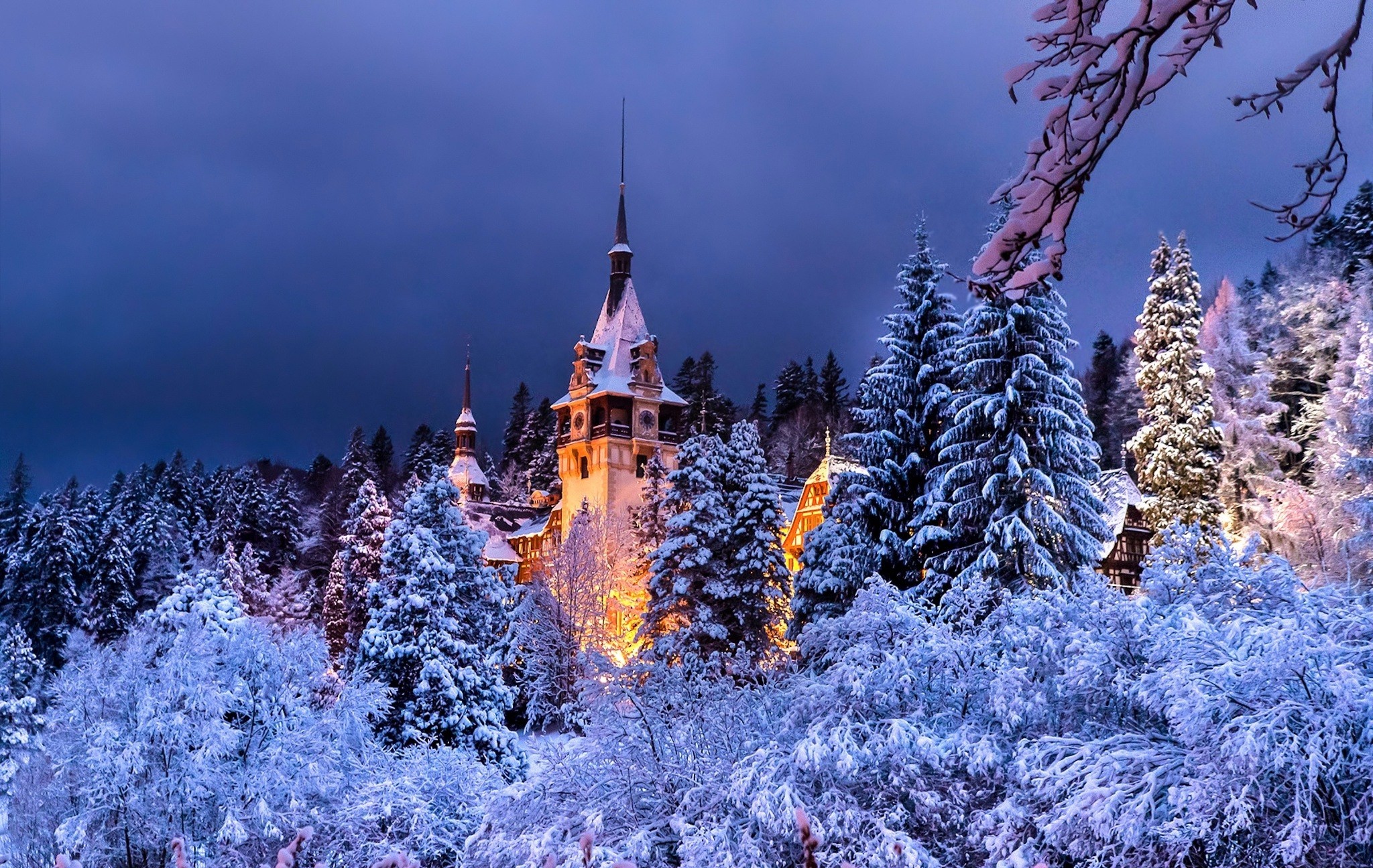 2048x1296 Wallpaper Romania, Pelesh castle, evening, winter, wood, Sinai Â» City,  nature, landscapes - Free HD Desktop Wallpapers. Backgrounds of cities and  nature