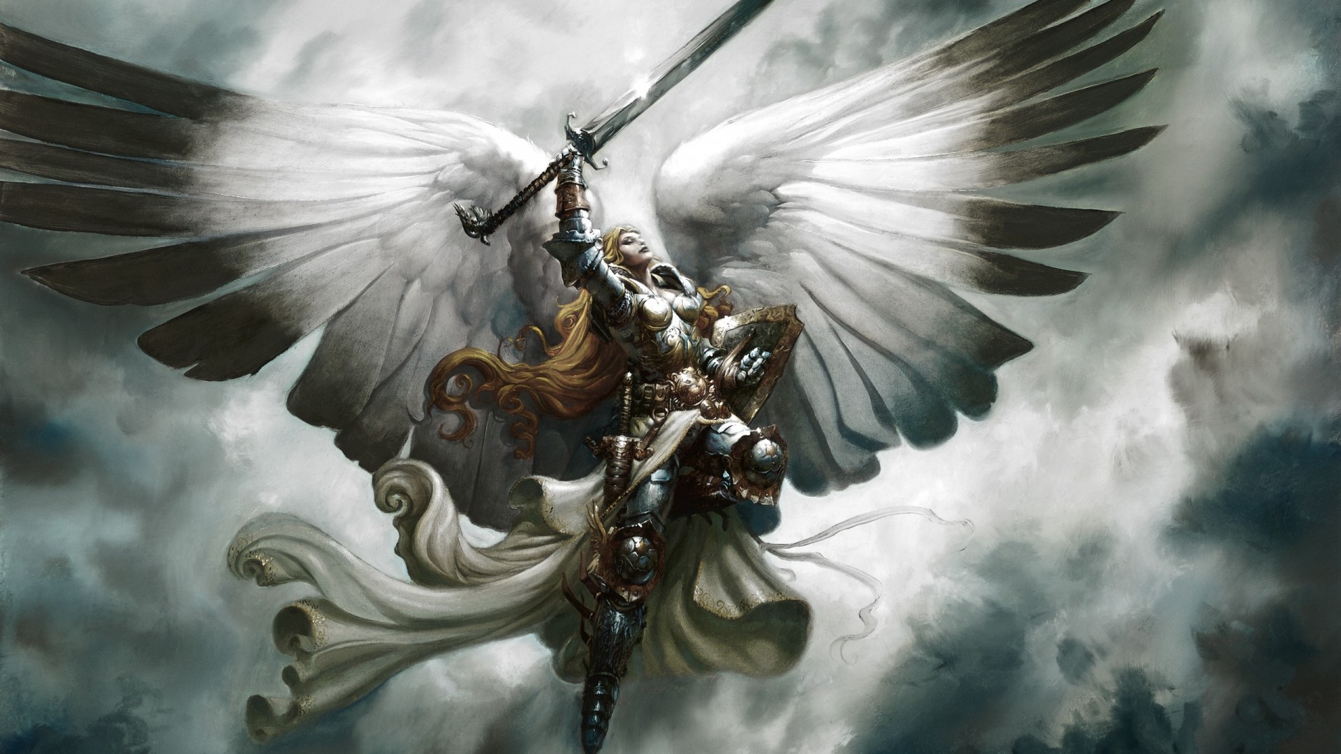 1920x1080  Wallpaper angel, wings, sword, flying, sky, art