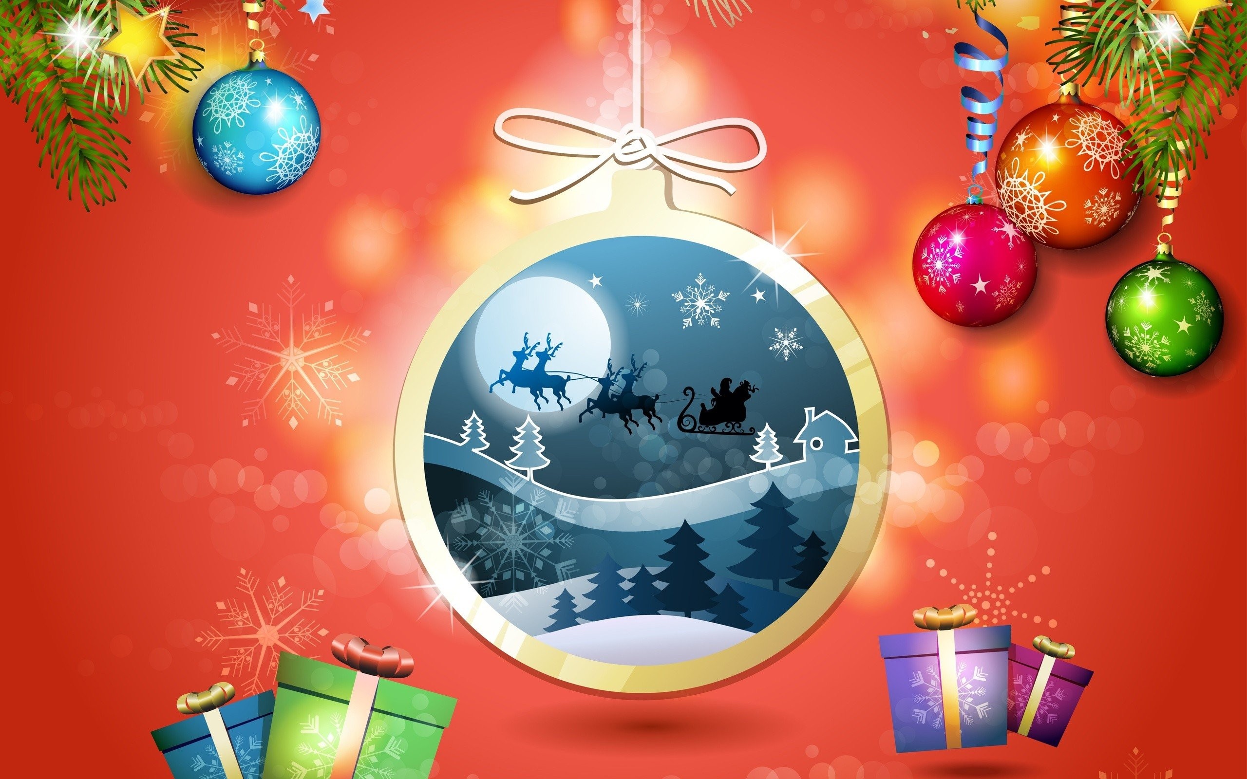 2560x1600 New Year, Snow, Christmas ornaments, Presents, Christmas sleigh