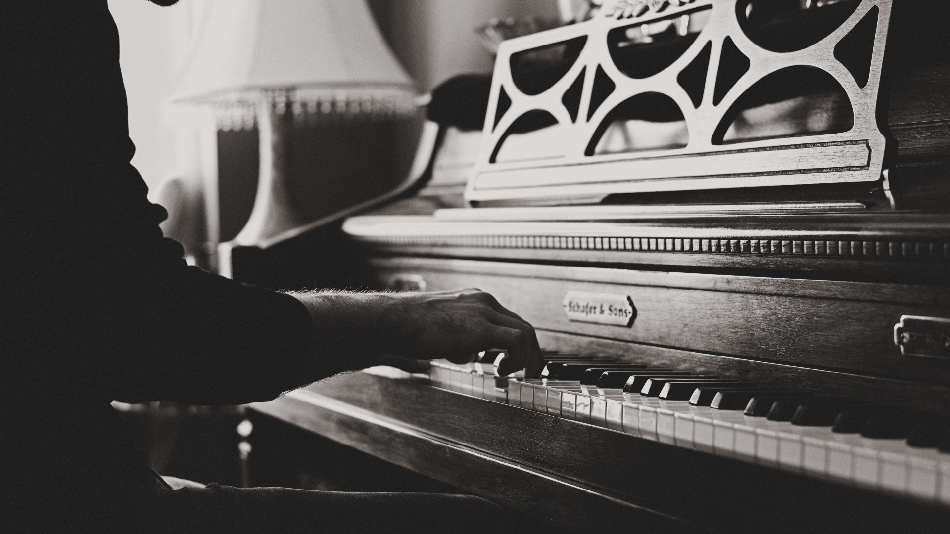 1920x1080 Preview wallpaper piano, hands, vintage, music, bw 