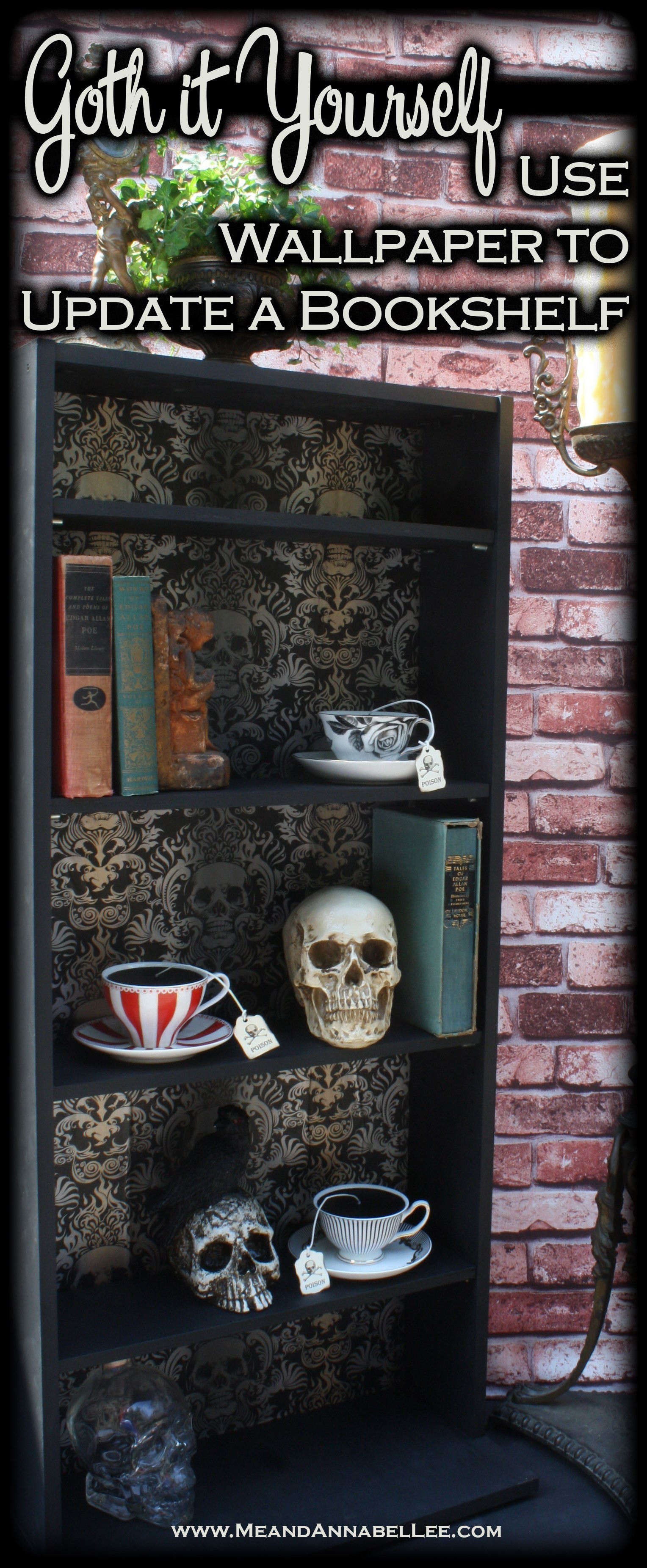 1528x3705 DIY Gothic Skull Bookcase | Black & Gold Baroque Skull Wallpaper | How to  Apply to