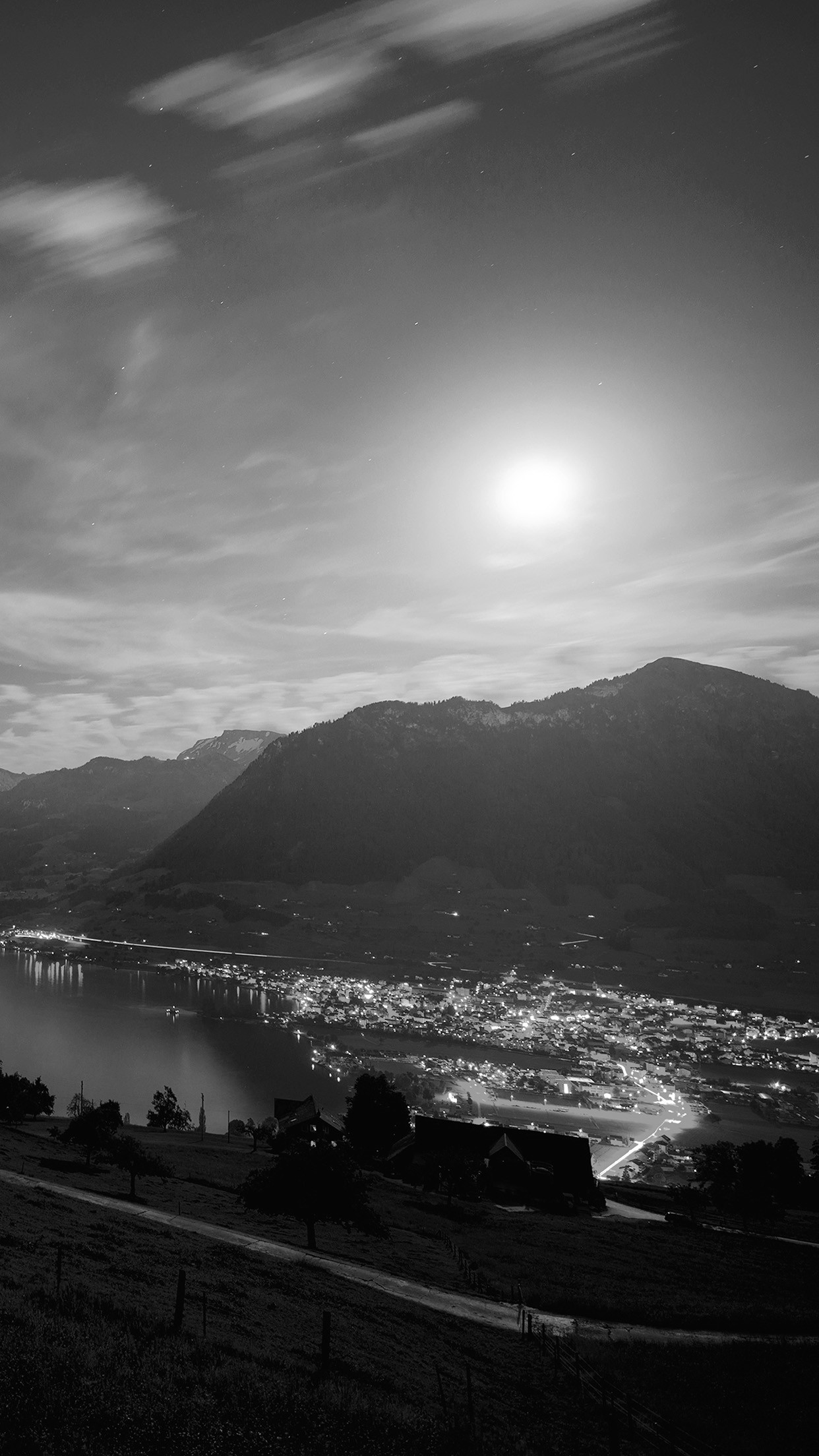 1242x2208 Lake Mountain Sunlight Black And White City Android Wallpaper ...