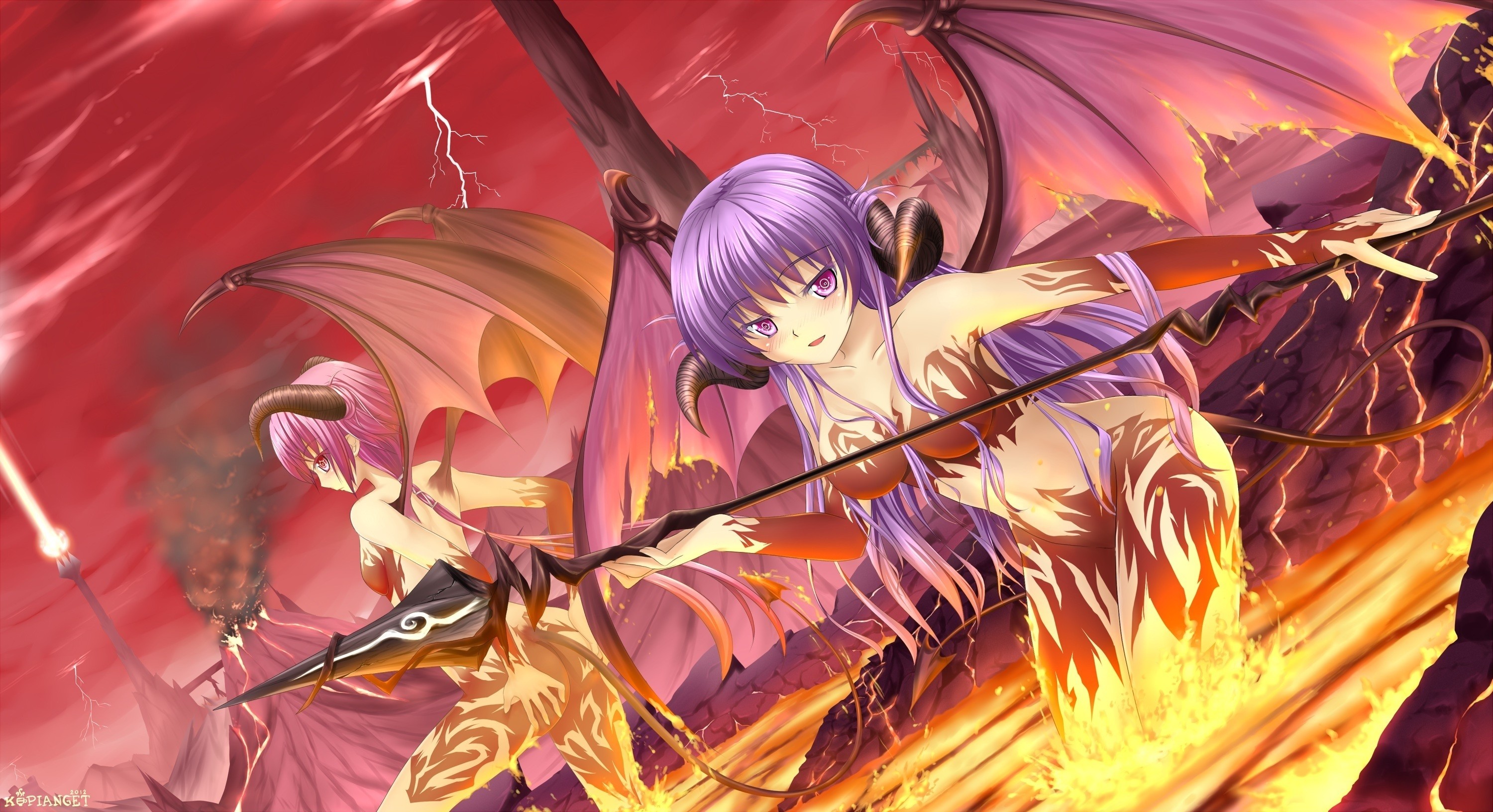 3000x1631 women wings succubus lava demons hell horns purple hair pink hair red eyes  anime spears demon