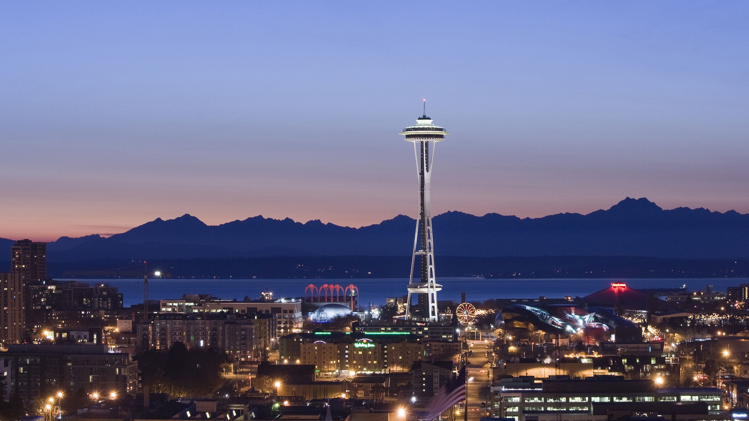 2560x1440 Preview wallpaper tower, seattle, evening, united states of america  