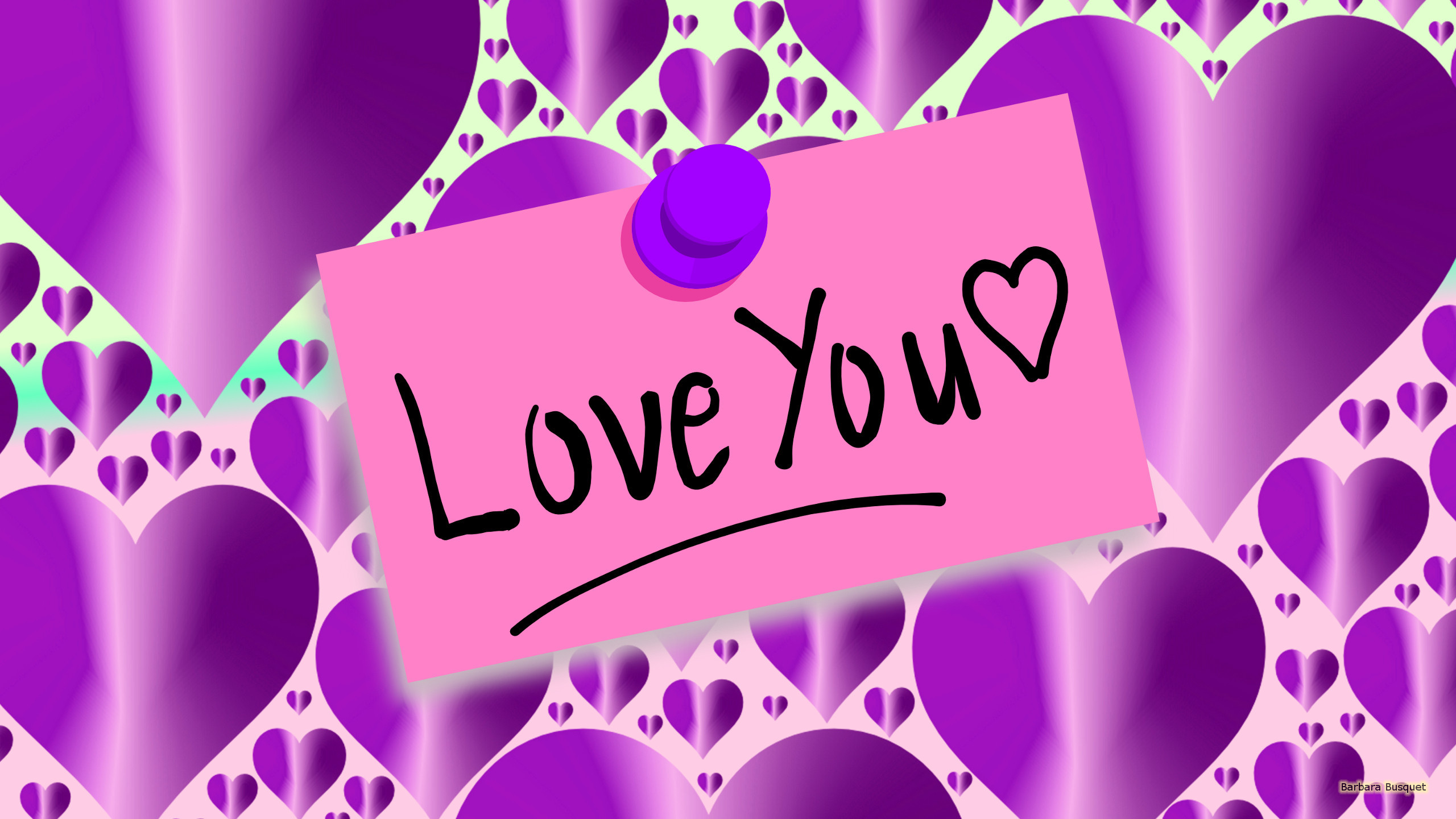 2560x1440 Purple wallpaper with a pink note with "love You" written ...