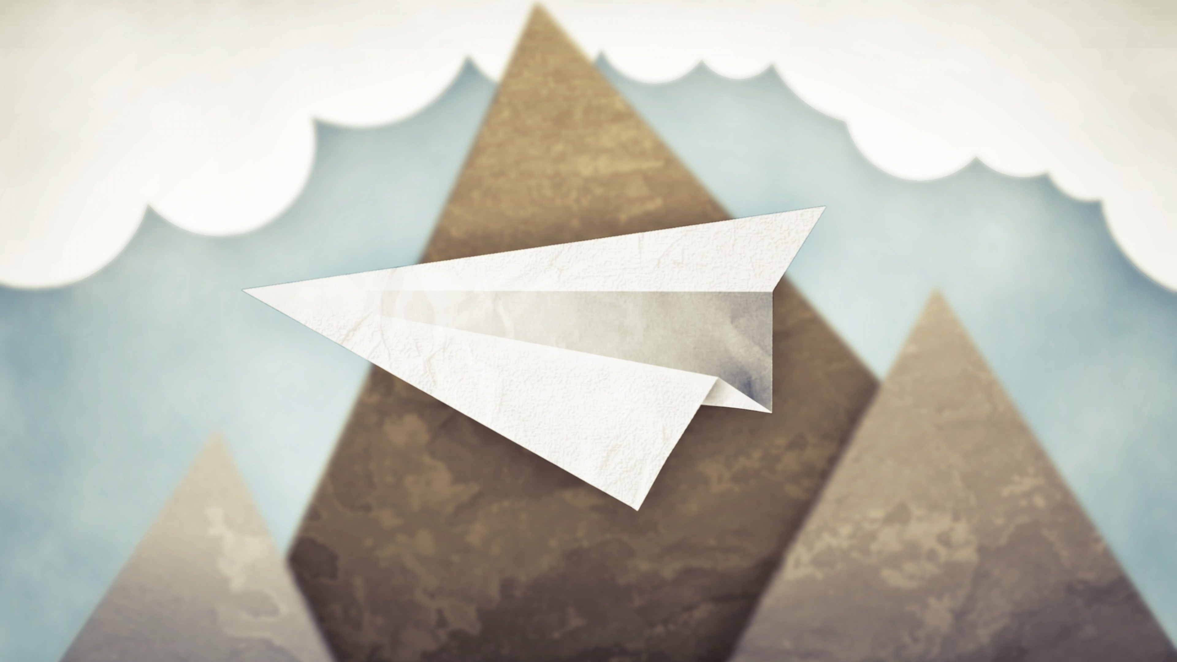 3840x2160 Preview wallpaper minimalism, mountains, clouds, sky, paper airplane  