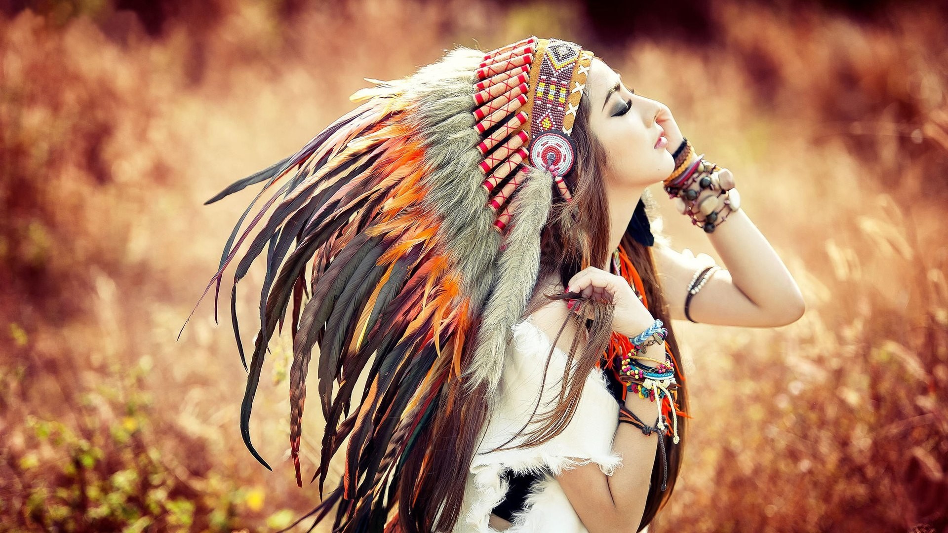 1920x1080 Women - Linh Napie Native American Cosplay Feather Bokeh Field Woman Girl  Vietnamese Asian Model Wallpaper