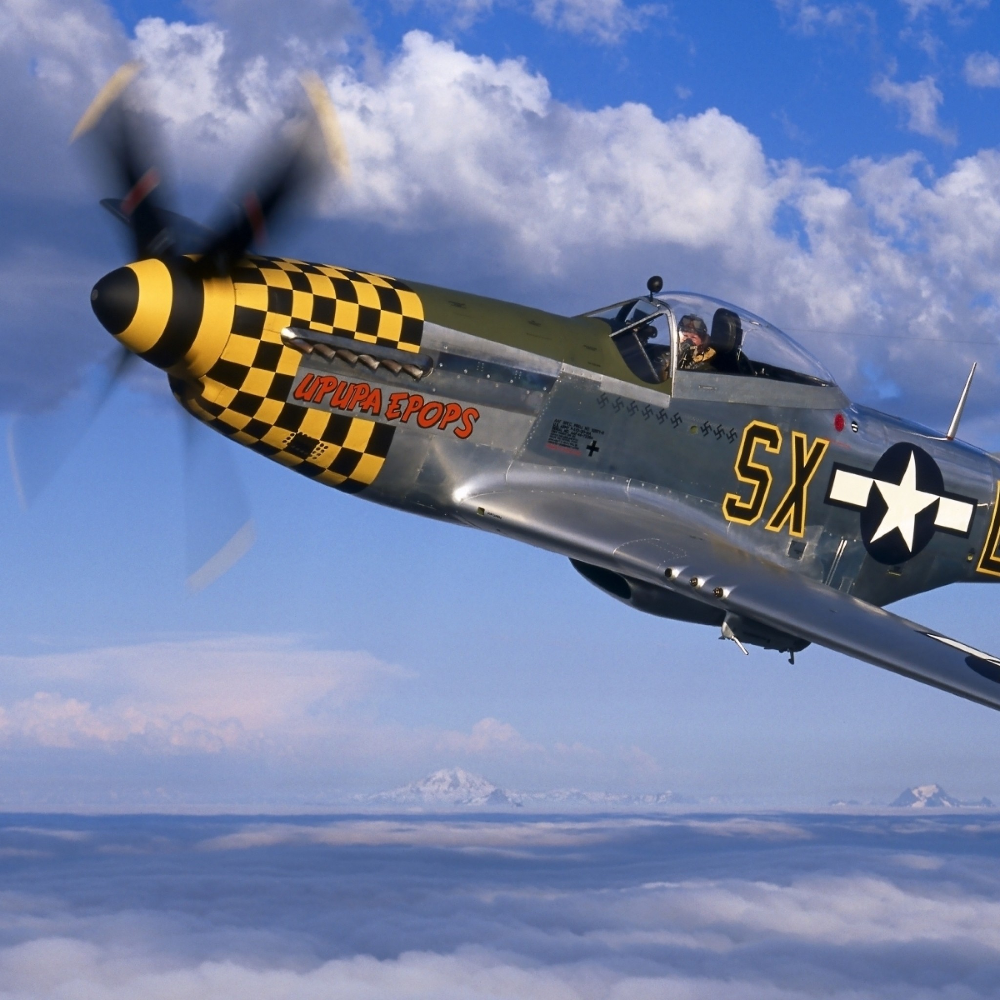 2048x2048  Wallpaper p-51 fighter, mustang, sky, north american, clouds,