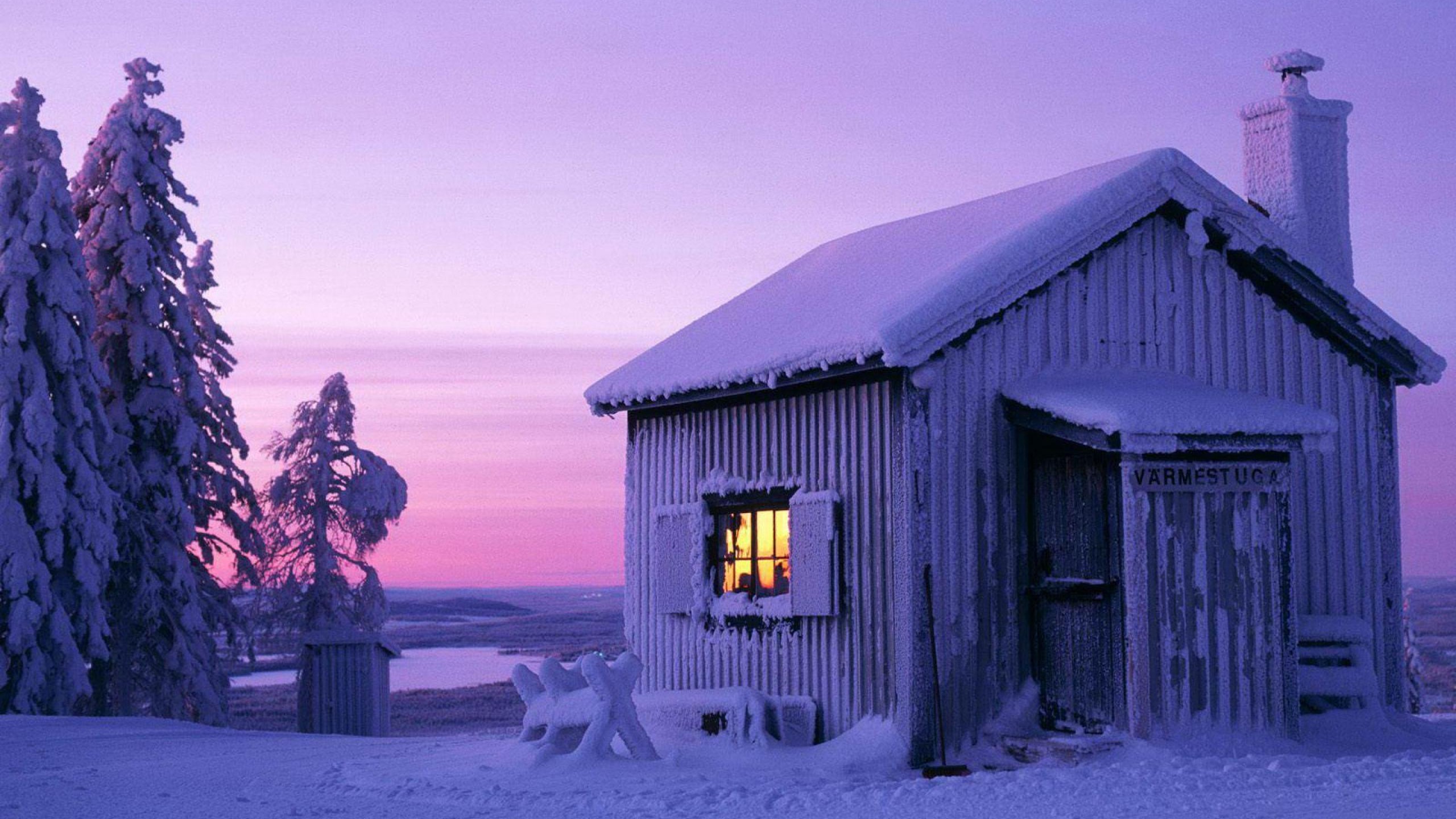 2560x1440 Winter (season) snow trees sweden moonlight cabin wallpaper |  |  18348 | WallpaperUP