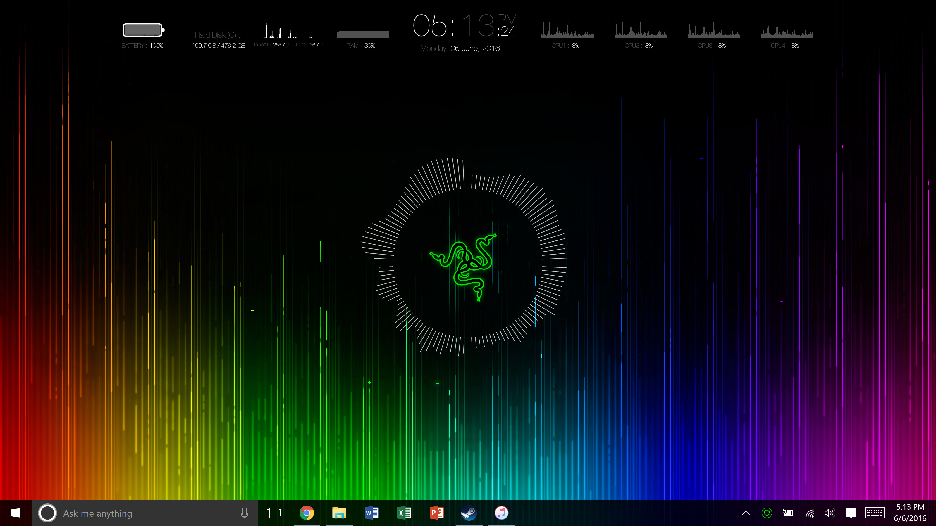 3200x1800 By default, my icons are hidden, and my desktop looks like this (the middle  is an audio visualizer):