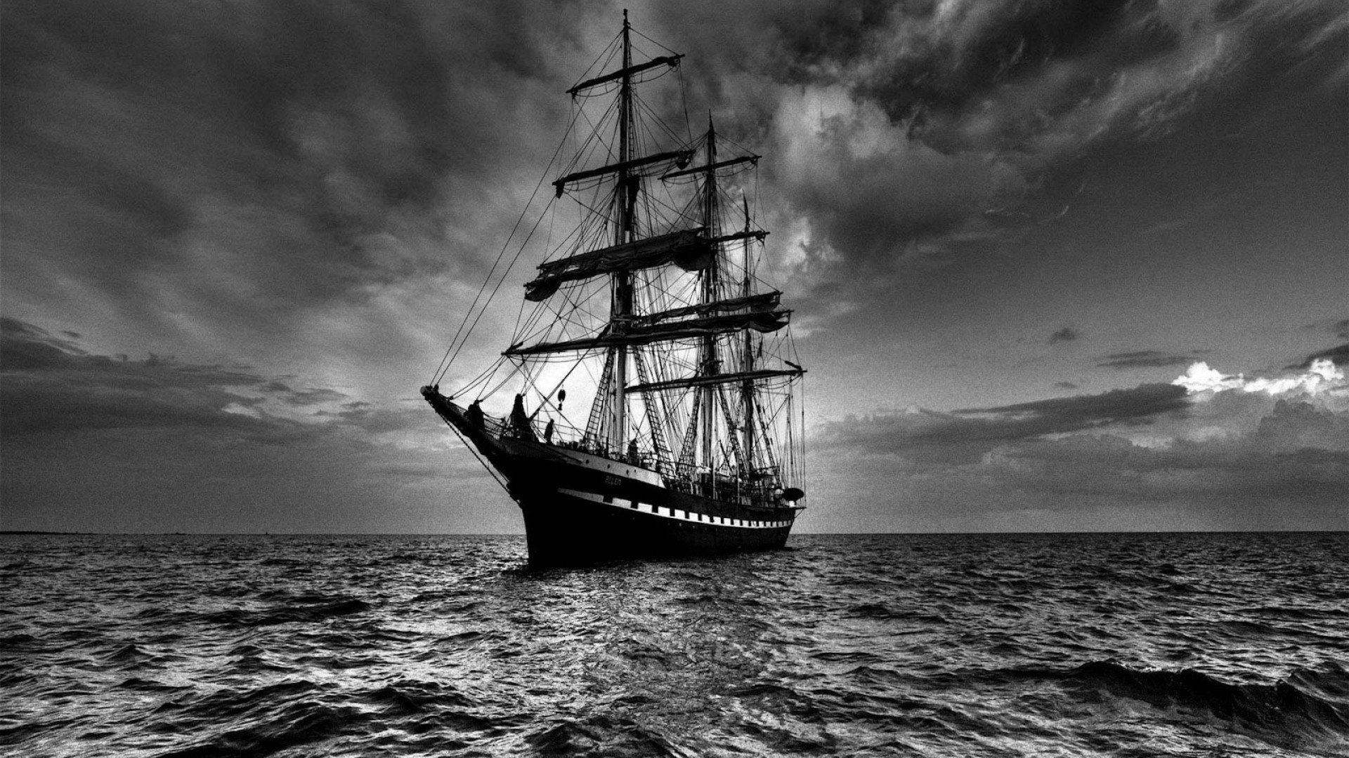 1920x1080 Preview wallpaper ship, sea, sail, storm, black white 
