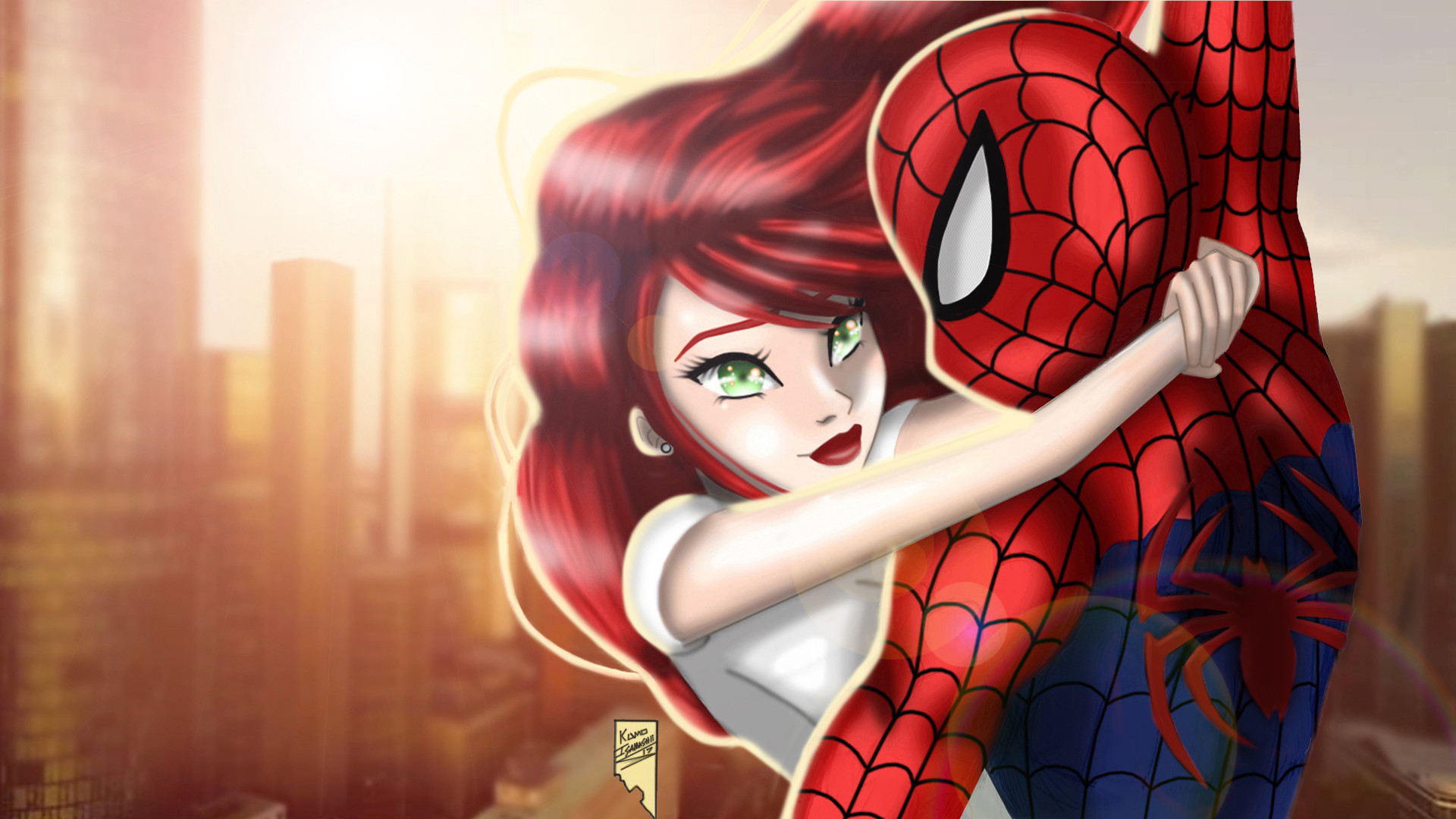 1920x1080 Spider Man and Mary Jane Daylight and City Lights