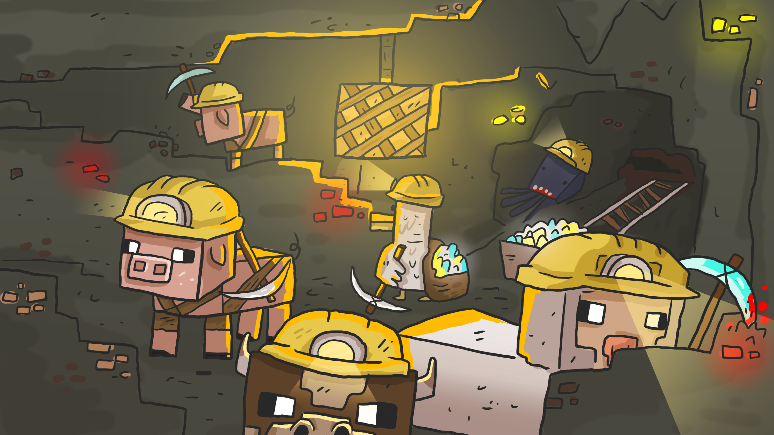 2560x1440 Minecraft draw dungeon Wallpaper with a mining Sheep, Cow, Squid, Chicken  and two Pigs.