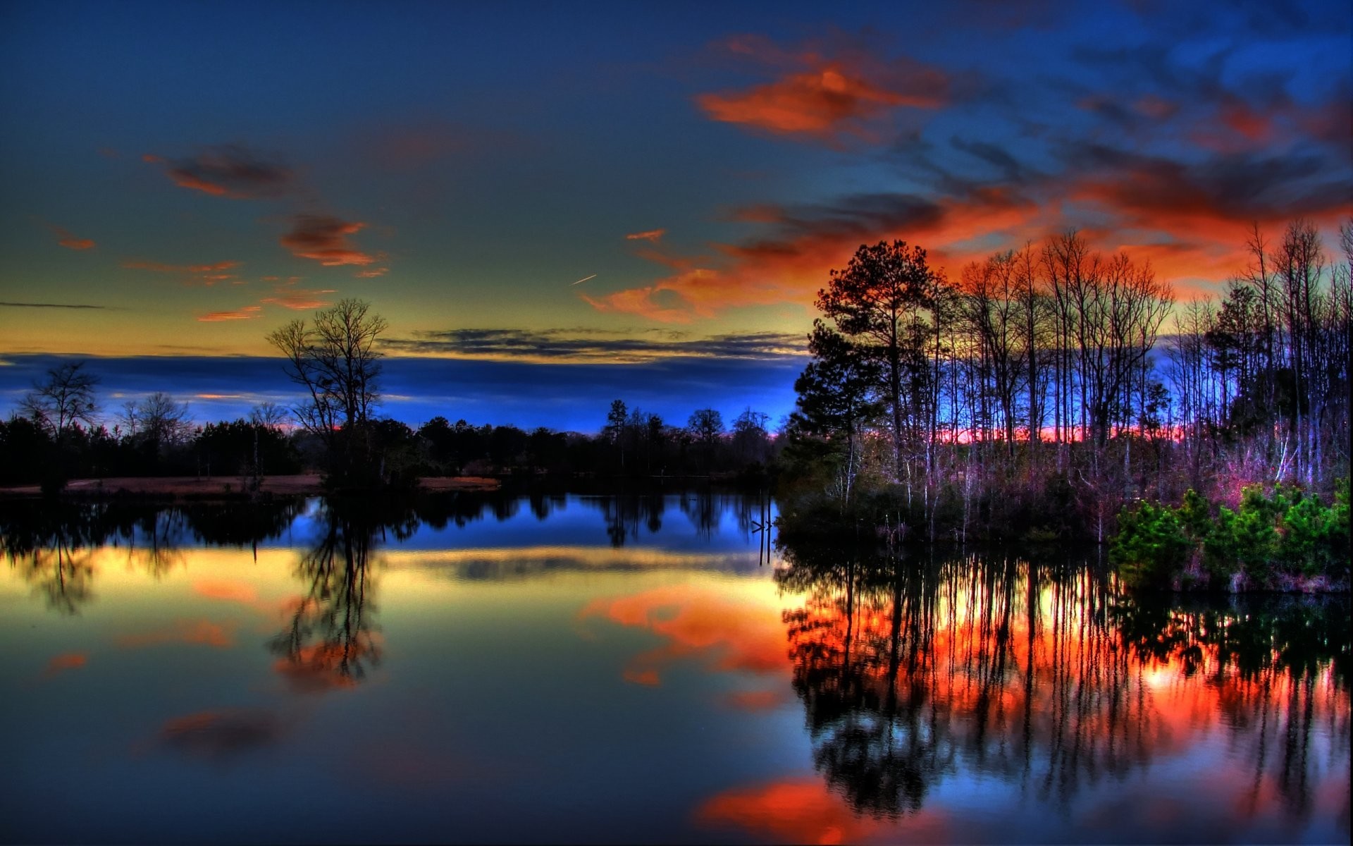 1920x1200 sky clouds sunset glow tree lake