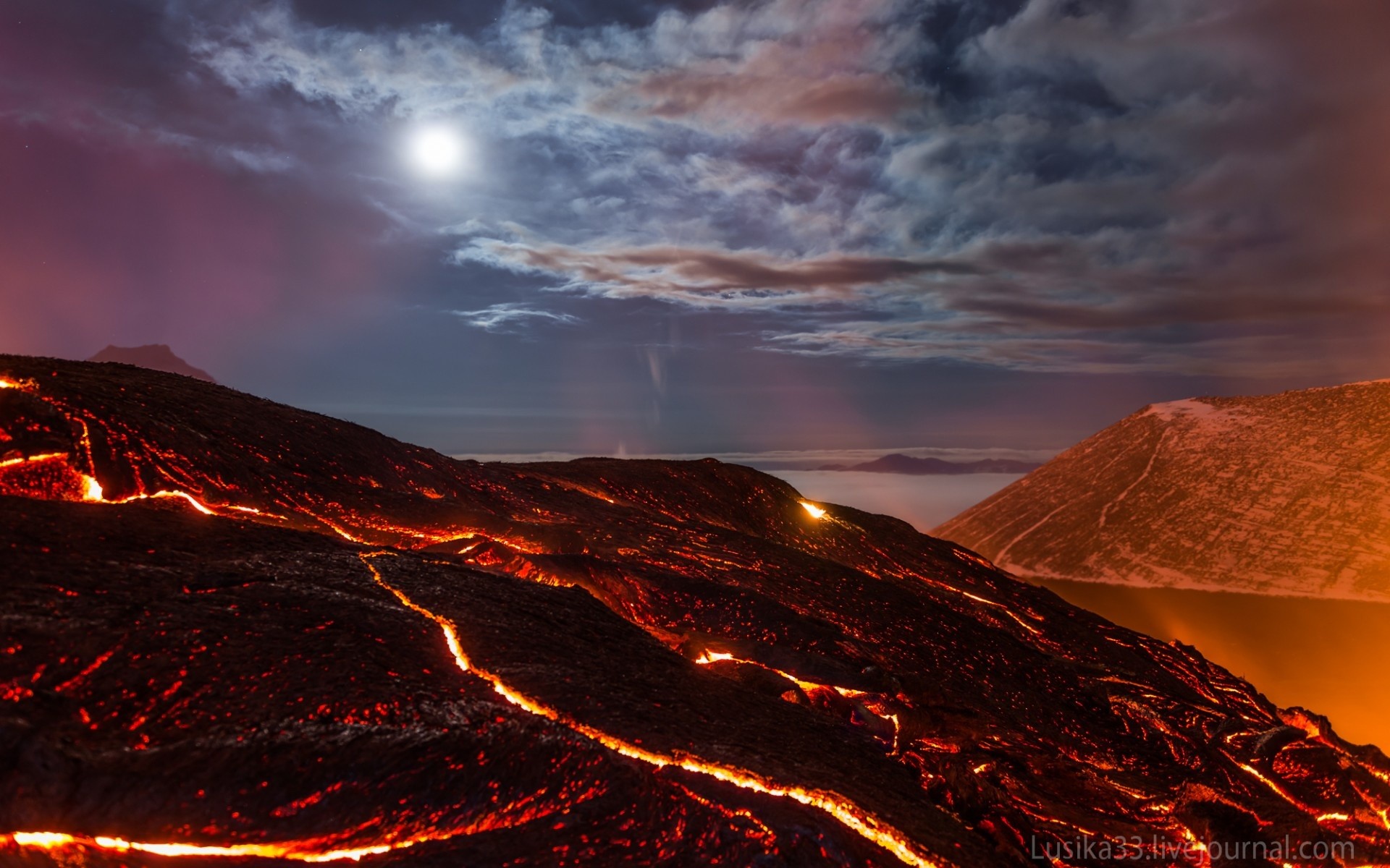 1920x1200 Volcano, Tolbachik, Kamchatka, lava, night, stars, clouds, light,