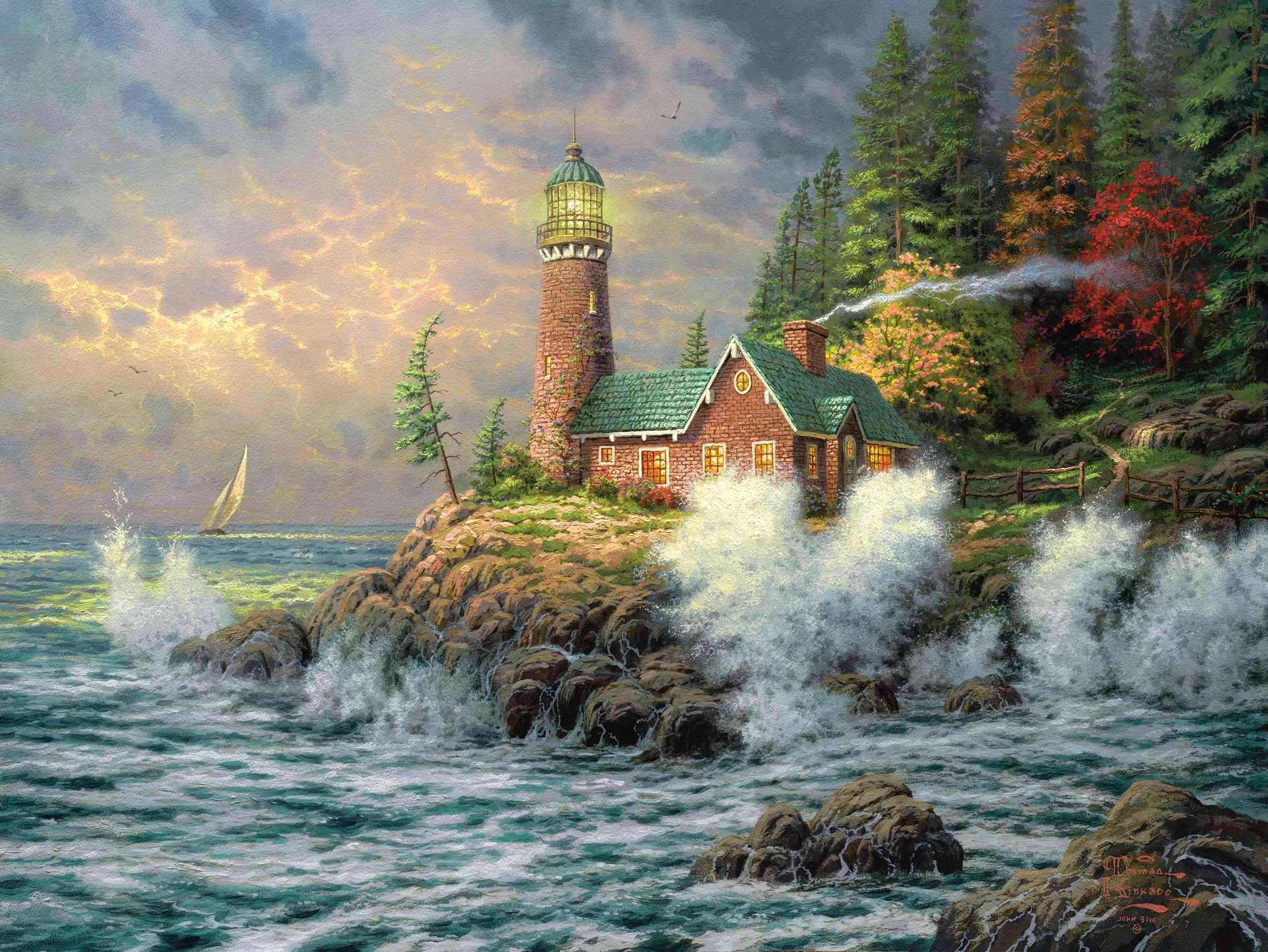 2391x1795 Wallpaper thomas kinkade, lighthouse, sea, art, painting .