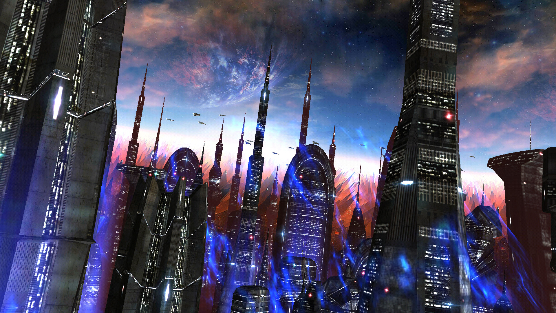 1920x1080 Space Colony turns your home screen into an alien cityscape with towering  buildings, epic star-filled skies, and glowing starships flying past.