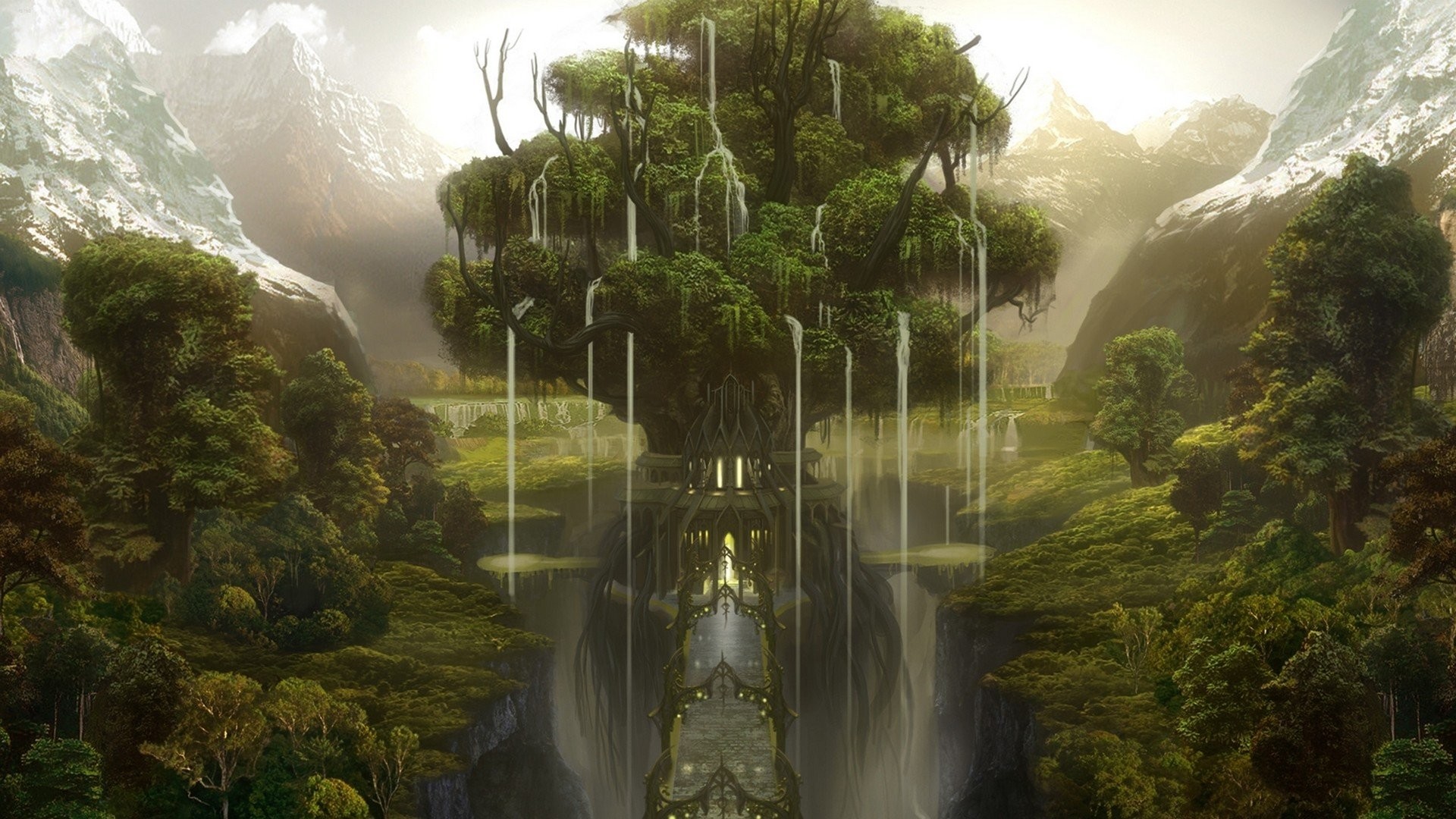 1920x1080 Fantasy Art Nature Trees Waterfalls