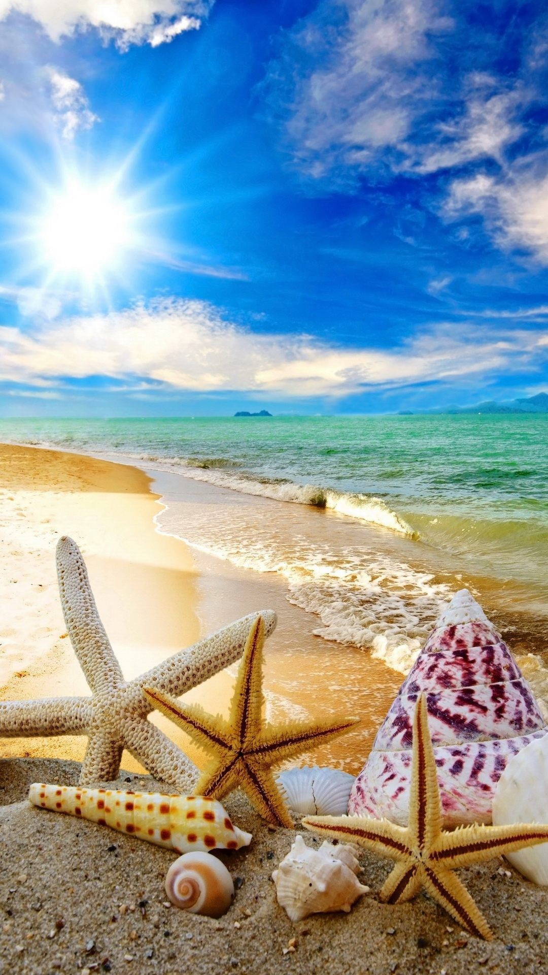 1080x1920 Summer Beach Sun Starfish Waves Android Wallpaper free download