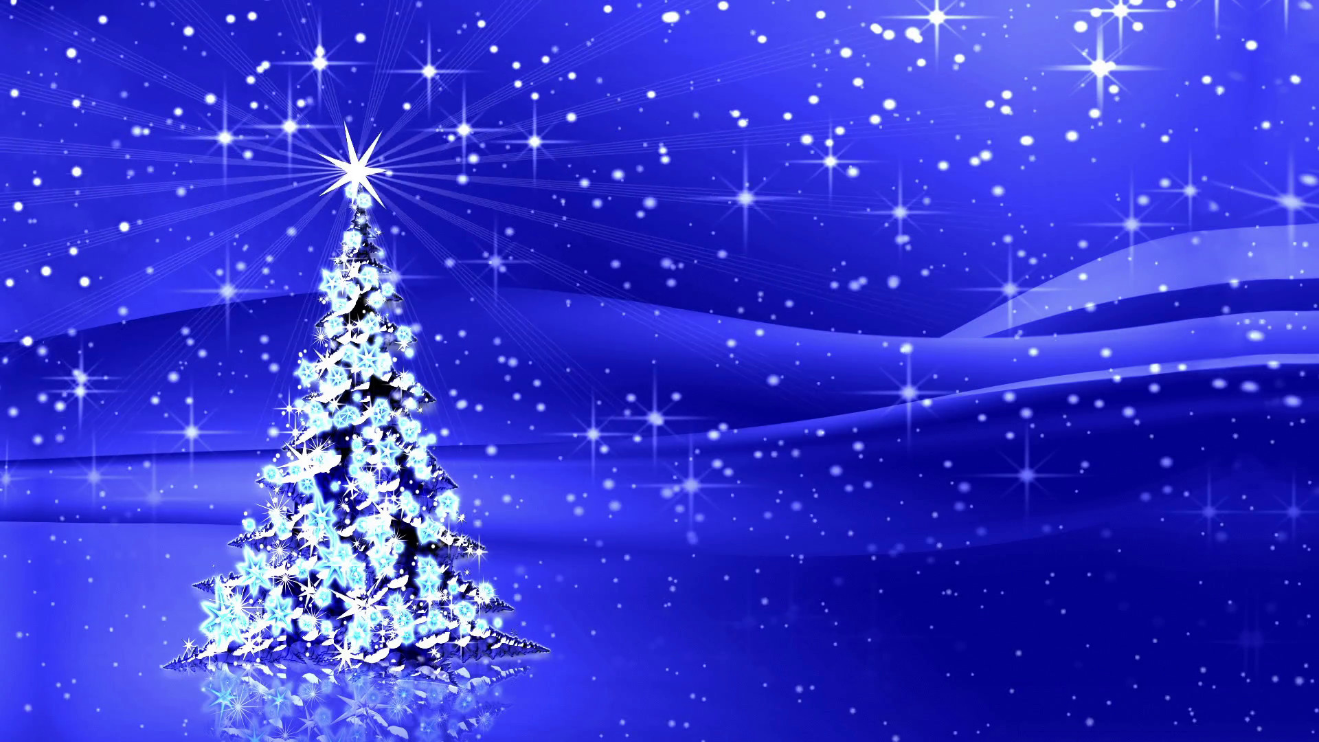 1920x1080 Sparkling decorated Christmas tree with star and rays of light on blue,  winter seasonal night