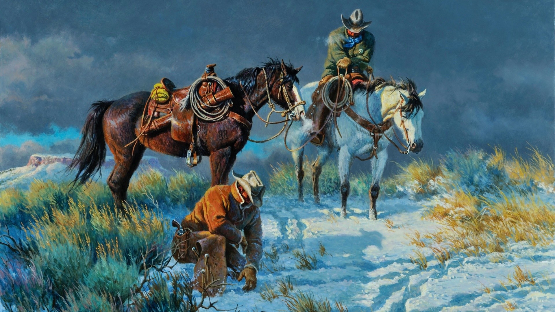 1920x1080  Cowboys Horses Weary Winter