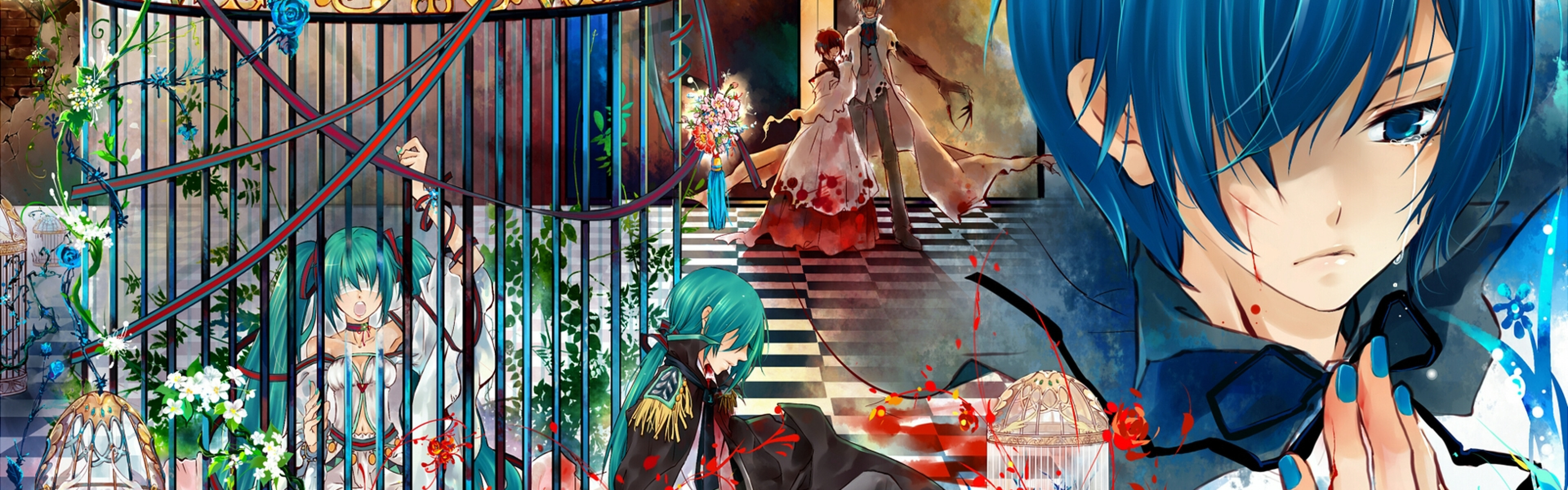 3840x1200  Wallpaper vocaloid, kaito, tears, cell, blood