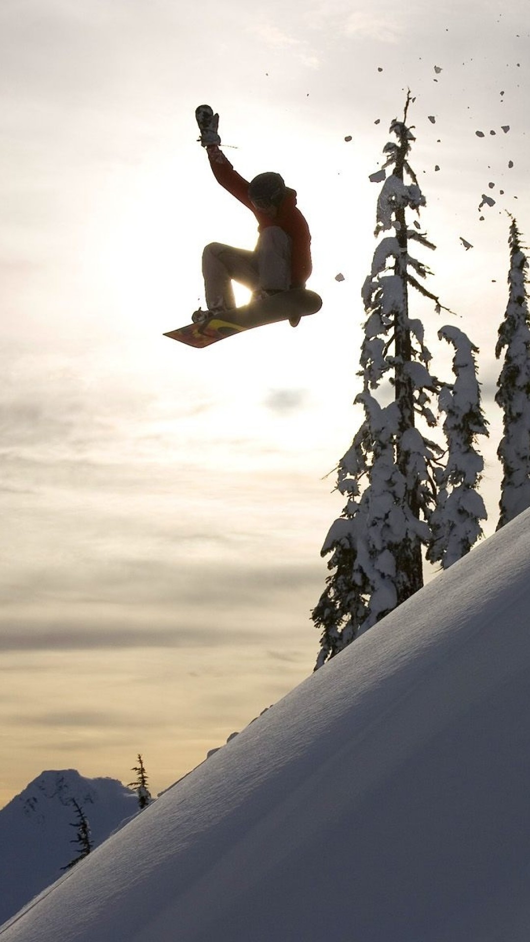 1080x1920 Preview wallpaper snowboard, jump, descent, evening 