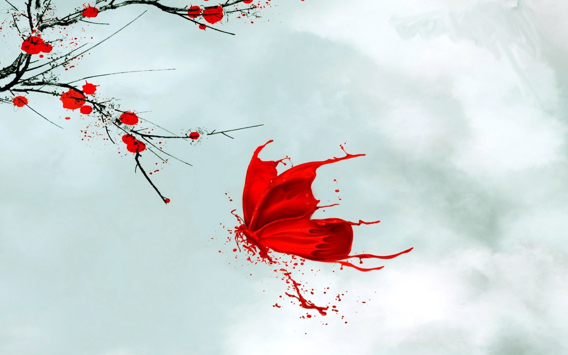 1920x1200 Clouds Branch Sky Butterfly Paint Blood Wallpaper At 3d Wallpapers