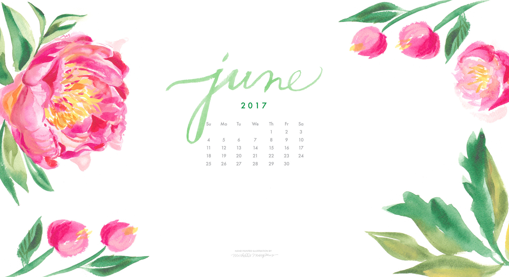 2016x1100 click & save Peony Flowers June Calendar computer wallpaper