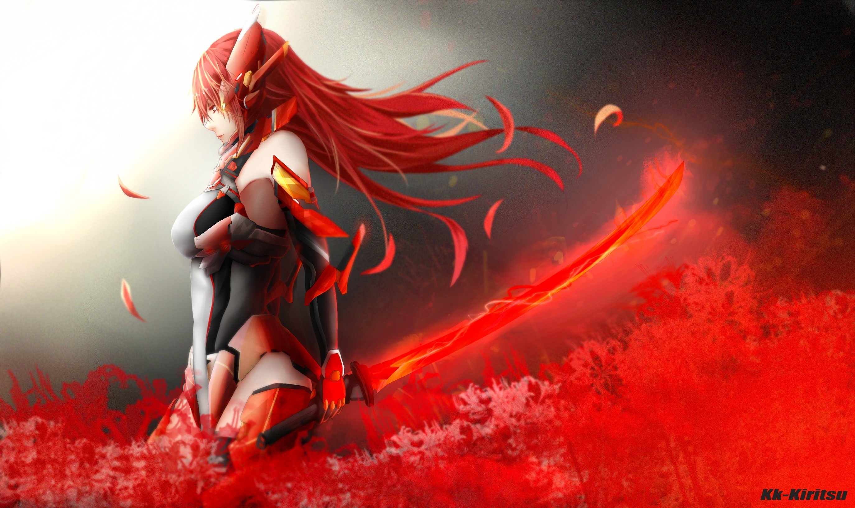2749x1635 Anime Girl, Redhead, Bodysuit, Fiery Sword, Sci-fi