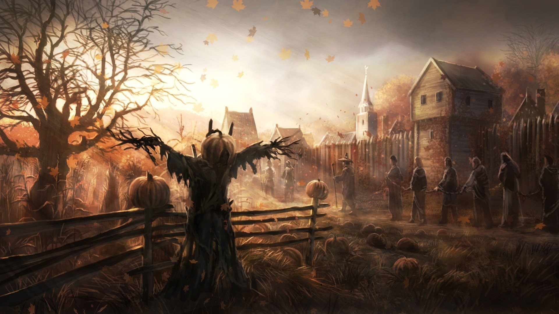 1920x1080 art autumn tree house fences church garden scarecrow pumpkin wind leaves  people prisoners