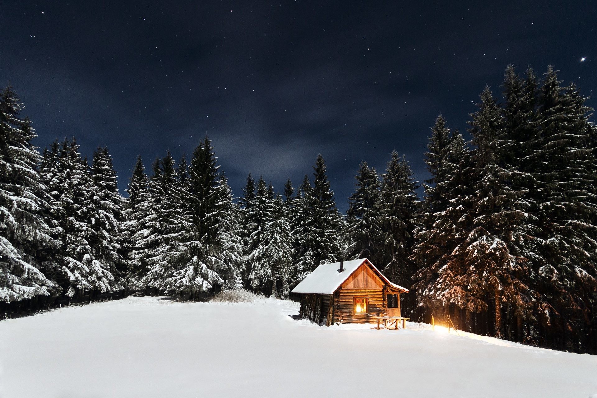 1920x1280 Beautiful winter cabin wallpaper with sky at night