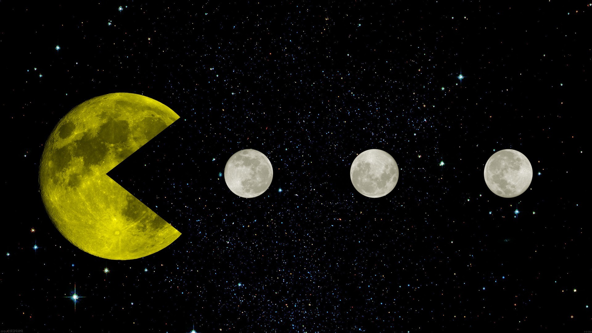 1920x1080 Pac Man, Yellow, Space, Moon, Moon, Stars, Black, Retro