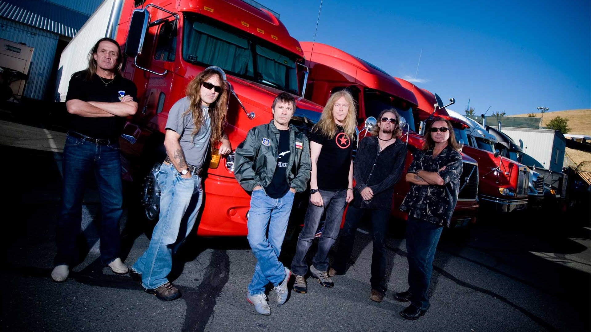 1920x1080 Preview wallpaper iron maiden, band, trucks, sky, look 