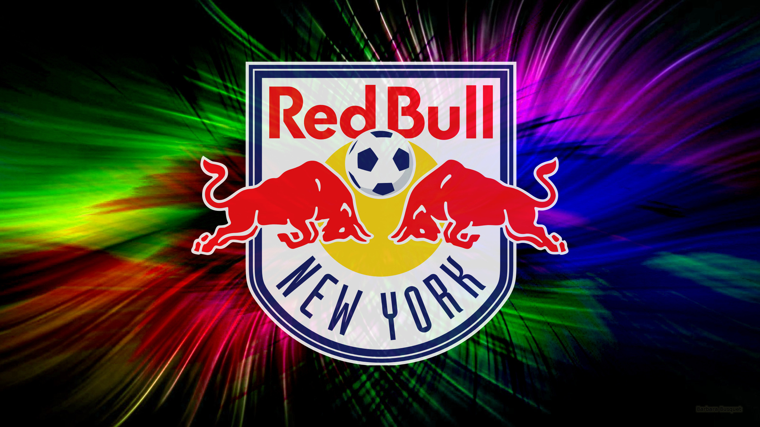 2560x1440 Colorful New York Red Bulls wallpaper. With centered logo.