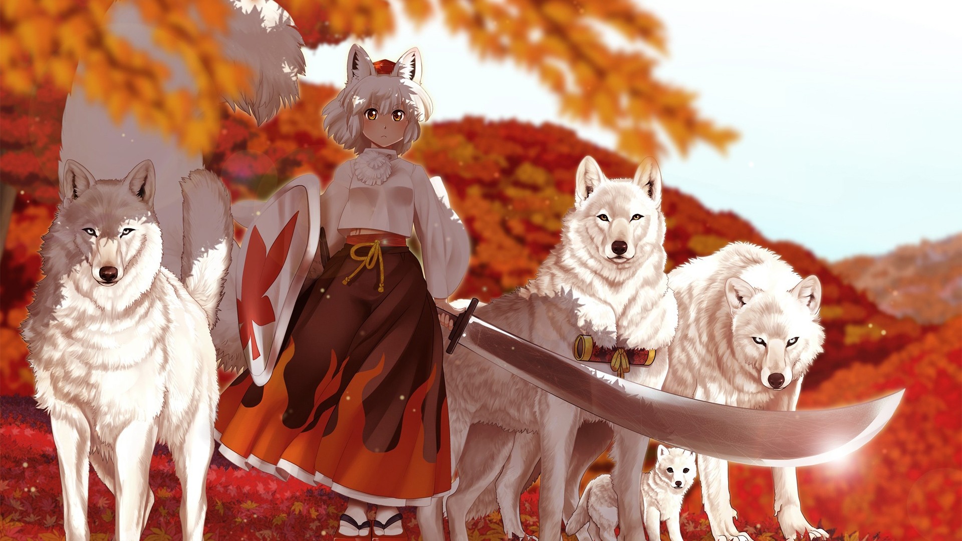 1920x1080  Wallpaper anime, girl, kimono, sword, wolf, autumn