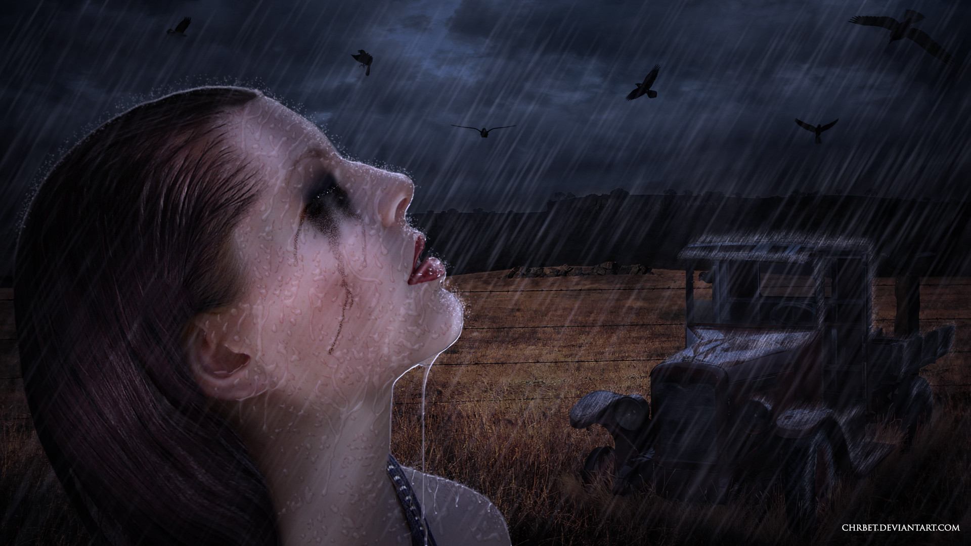 1920x1080 Crying girl in rainy day wallpaper from Dark wallpapers