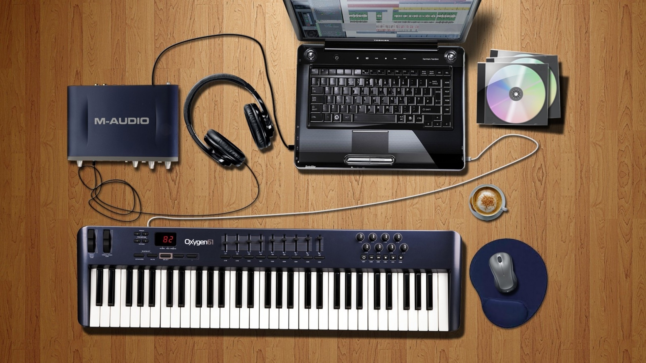2560x1440 headphones music studio keyboards audio desks objects notebook note book  Wallpaper HD
