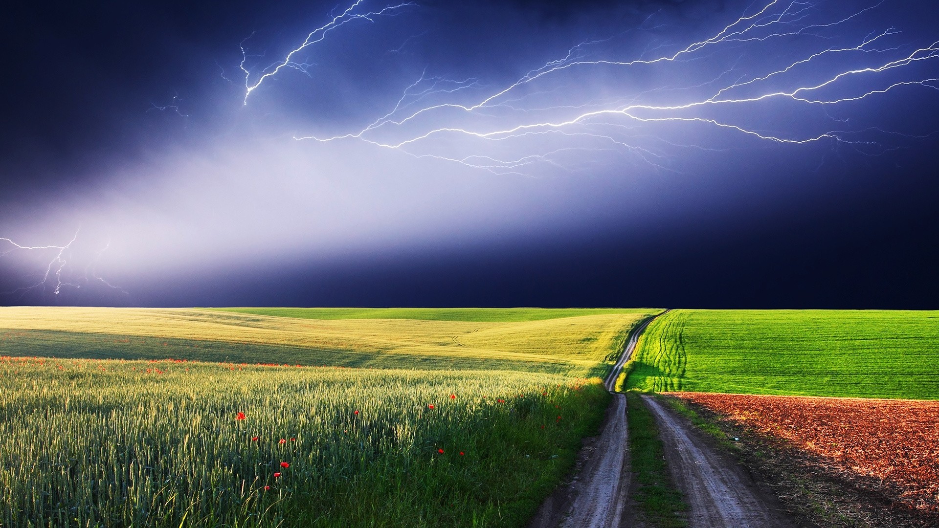 1920x1080  Preview wallpaper lightning, field, road, blackness, bad weather,  sky, peal