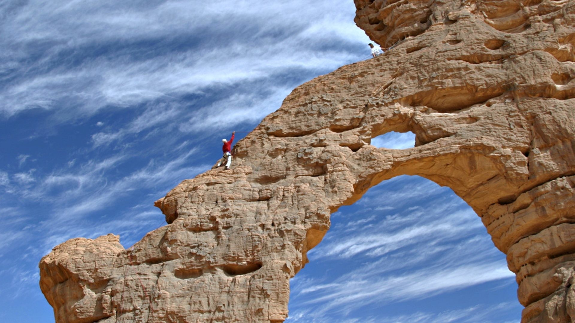 1920x1080 Deserts - Climbing Algeria Sky Rocks Sand Hoggar Clouds Sports Mountains  Landscape Tassili Climb Nature Hobby