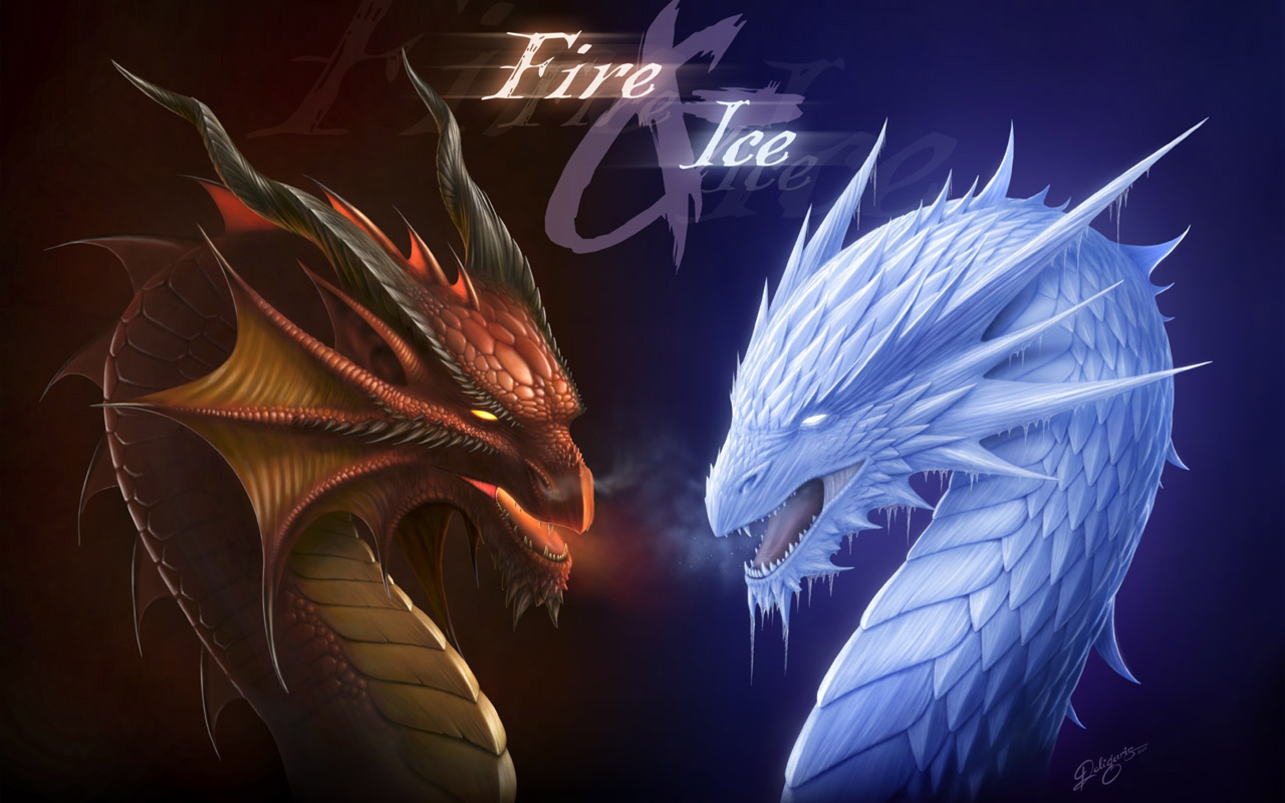 2560x1600 fire vs ice dragon | Homepage Â» Dragon Â» Fantasy Dragon Fire vs Ice  Wallpaper