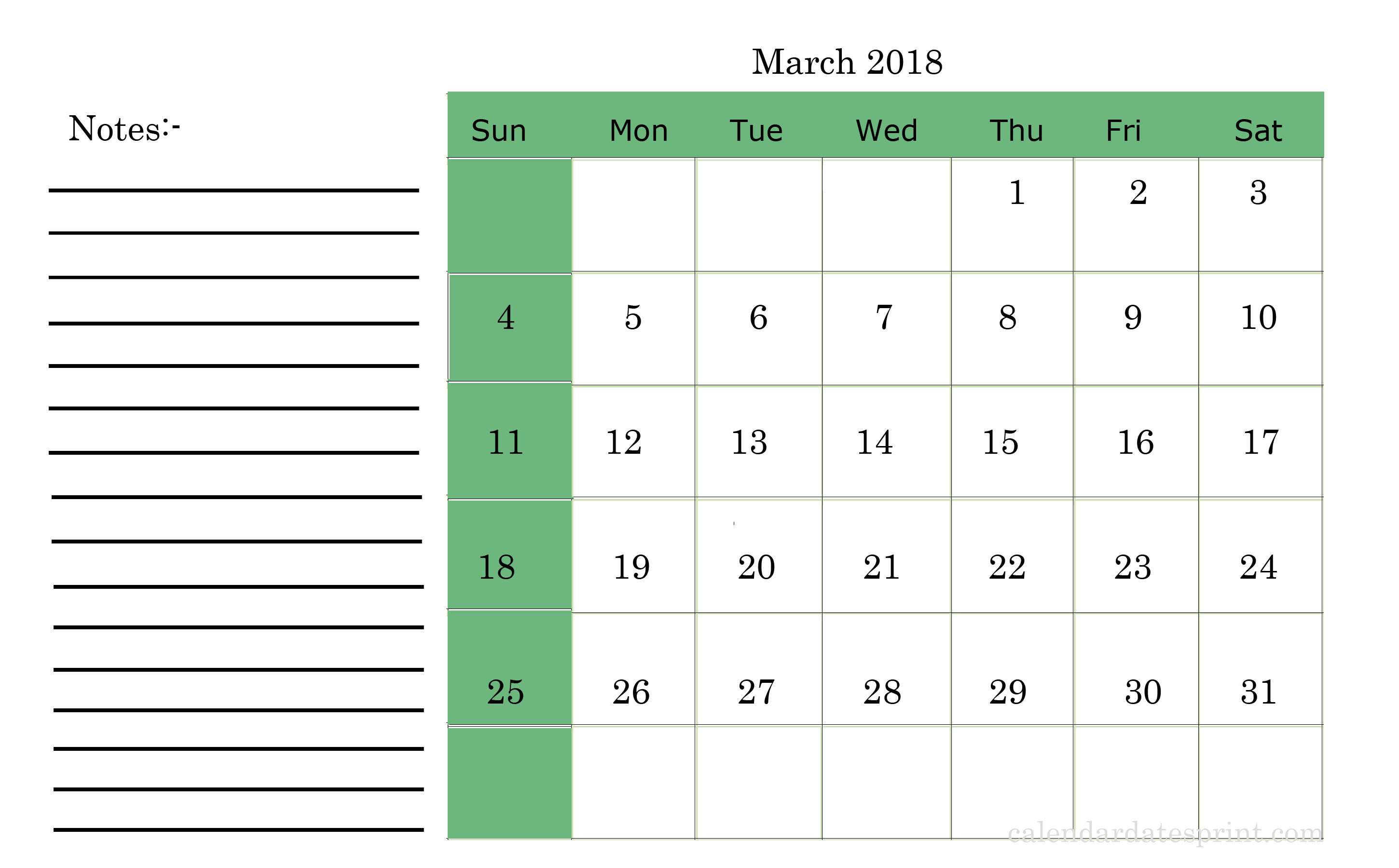 2900x1800 March 2018 printable calendar