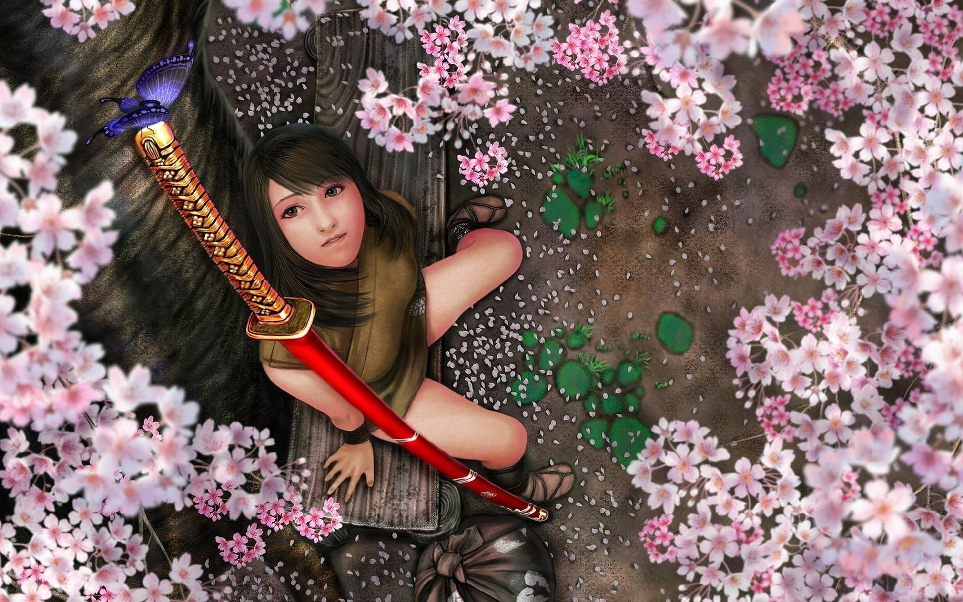 1920x1200 BUTTERFLY - fantasy flowers katana sword samurai girl wallpaper |   | 554497 | WallpaperUP