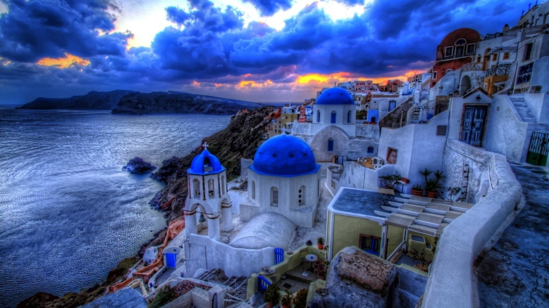 1920x1080 Menschengemacht - Santorini WeiÃ Haus Blau Himmel Griechenland  Menschengemacht Sonnenuntergang Wolke HDR Wallpaper
