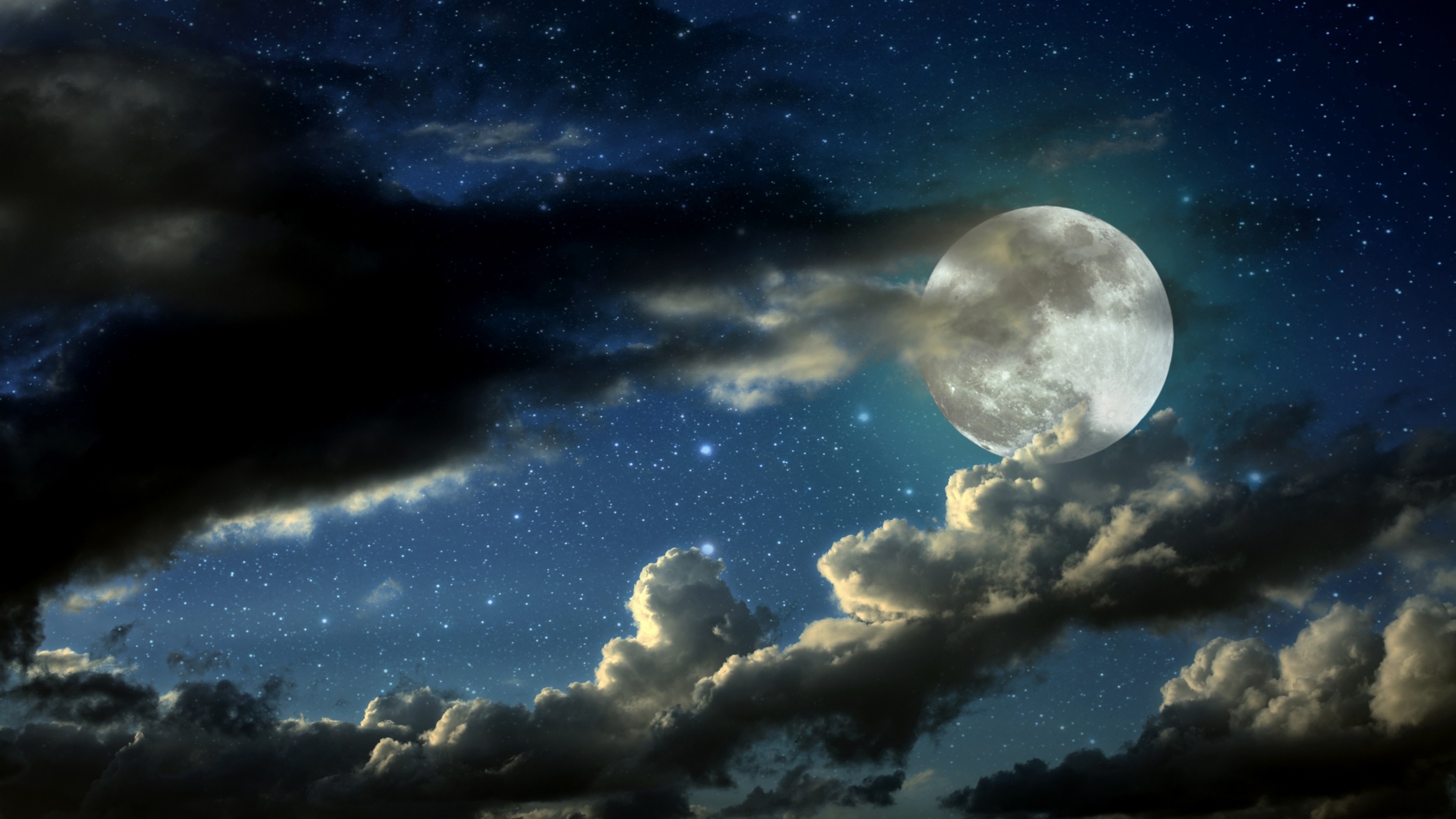 3840x2160 Preview wallpaper full moon, stars, clouds, shadows 