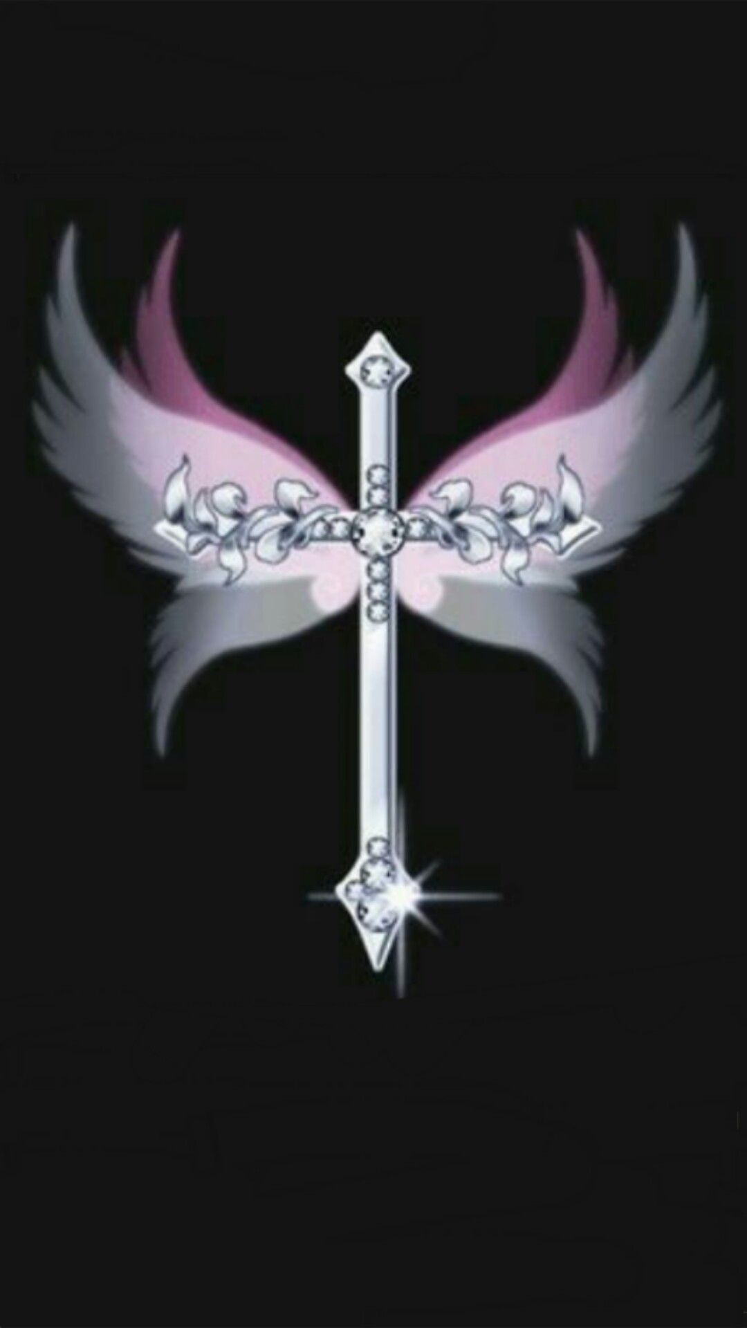 1080x1920 Silver Jewled Cross with pink & white wings Camo Wallpaper, Cross Wallpaper,  More Wallpaper