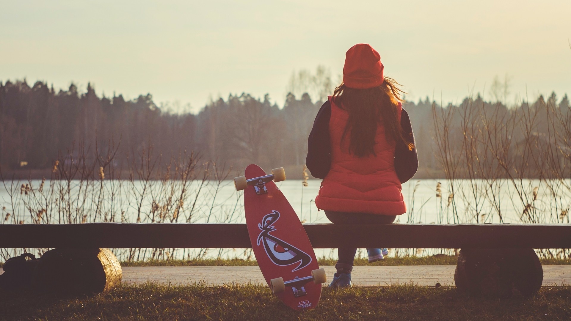 1920x1080 Preview wallpaper longboard, girl, nature, river, trees 