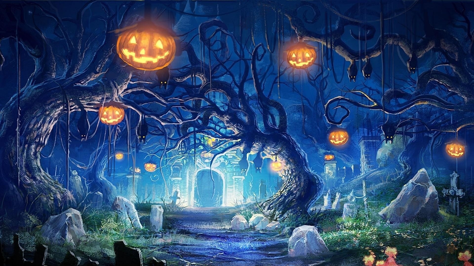 1920x1080 Preview wallpaper halloween, holiday, castle, gates, graves, bats, night,