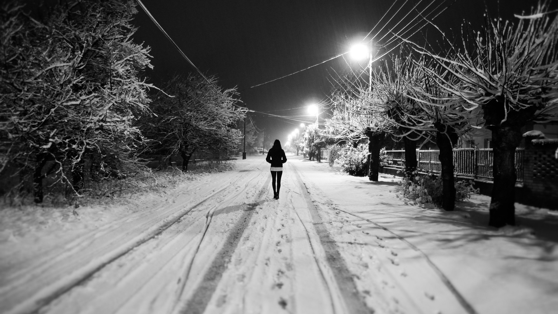 1920x1080 Black and White Snow Night Girl  Resolution